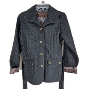 Carole Little Quilted Jacket Black Belted Chevron Print Trim Medium